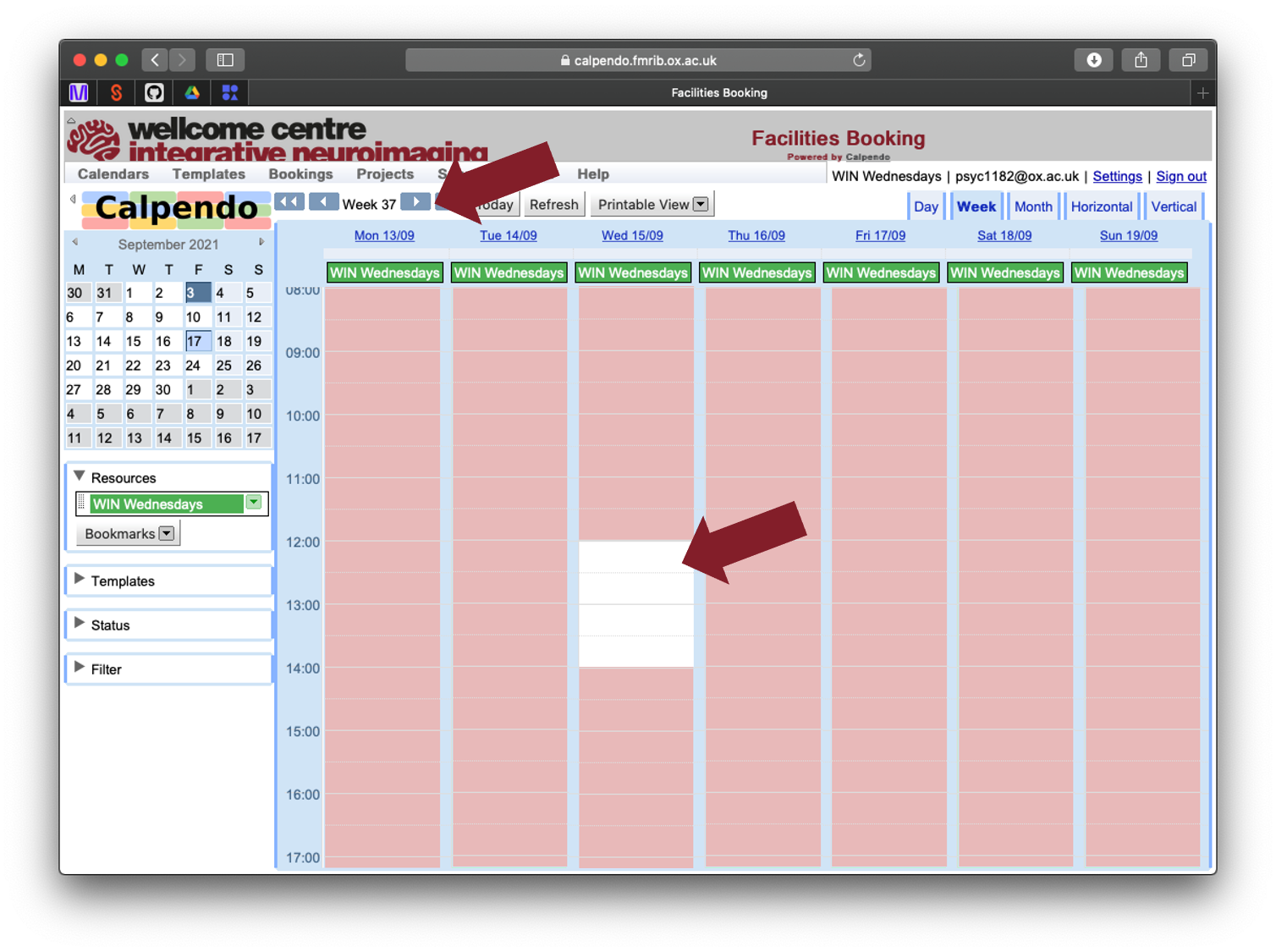 calpendo booking calendar for WIN Wednesdays with arrows highlighting the week navigation buttons and an available slot